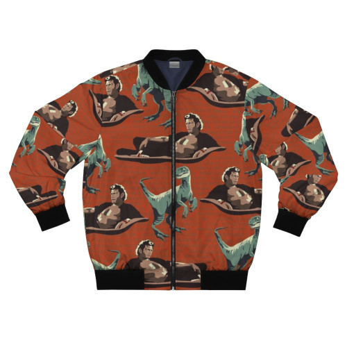 A bomber jacket featuring a graphic design of a velociraptor from the Jurassic Park franchise, including the likeness of actor Jeff Goldblum.